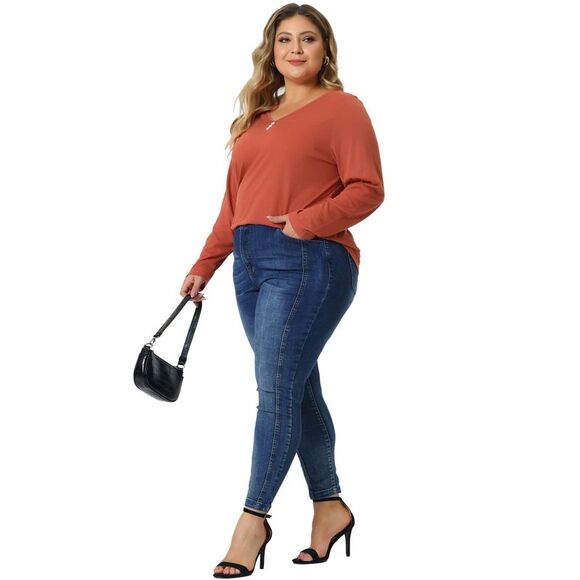 Plus Size Tshirt Women Casual Tops Button Front Long Sleeve Tee Top Orange - Picture 3 of 6